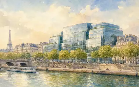 Aquarellmalerei zeigt Danone S.A. Firmensitz FR0000120644 an der Seine in Paris bei warmem Nachmittagslicht - Foto: THN