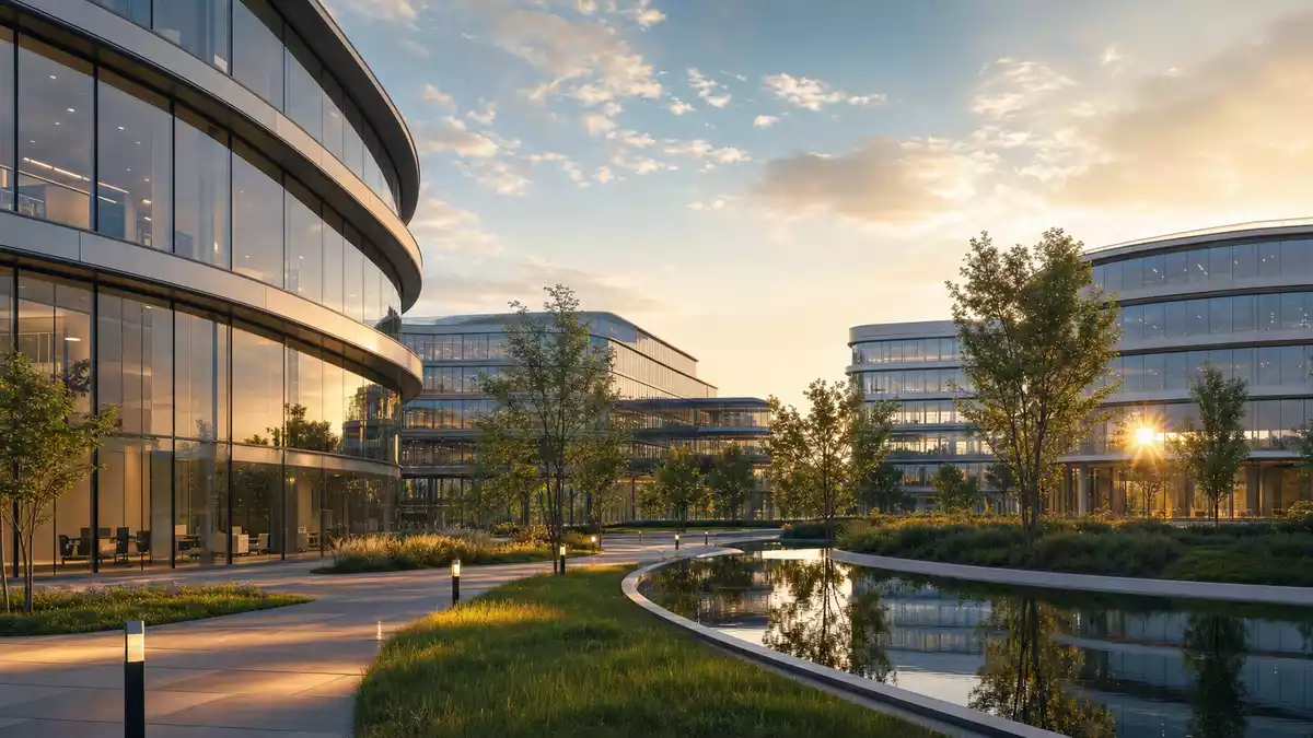 Architektur-CGI eines modernen Unternehmens-Campus mit geschwungenen Glasfassaden