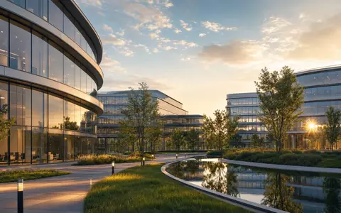 CGI-Render des Danone S.A. Campus FR0000120644 mit geschwungenen Glasfassaden und Teichanlage im Sonnenuntergang - Foto: THN