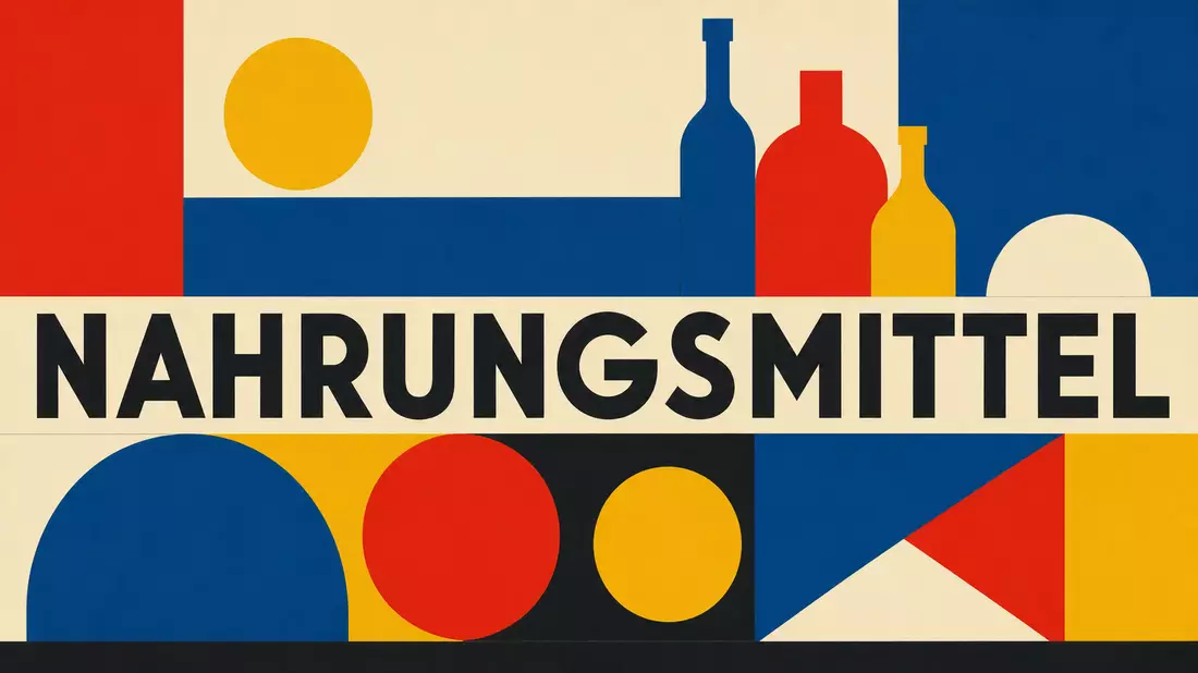 Bauhaus-Poster mit Text NAHRUNGSMITTEL, Primärfarben und geometrischen Flaschenformen