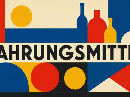 Bauhaus-Grafikposter für Danone S.A. FR0000120644 mit fettem Text NAHRUNGSMITTEL und geometrischen Primärfarben - Foto: THN