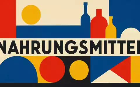 Bauhaus-Grafikposter für Danone S.A. FR0000120644 mit fettem Text NAHRUNGSMITTEL und geometrischen Primärfarben - Foto: THN