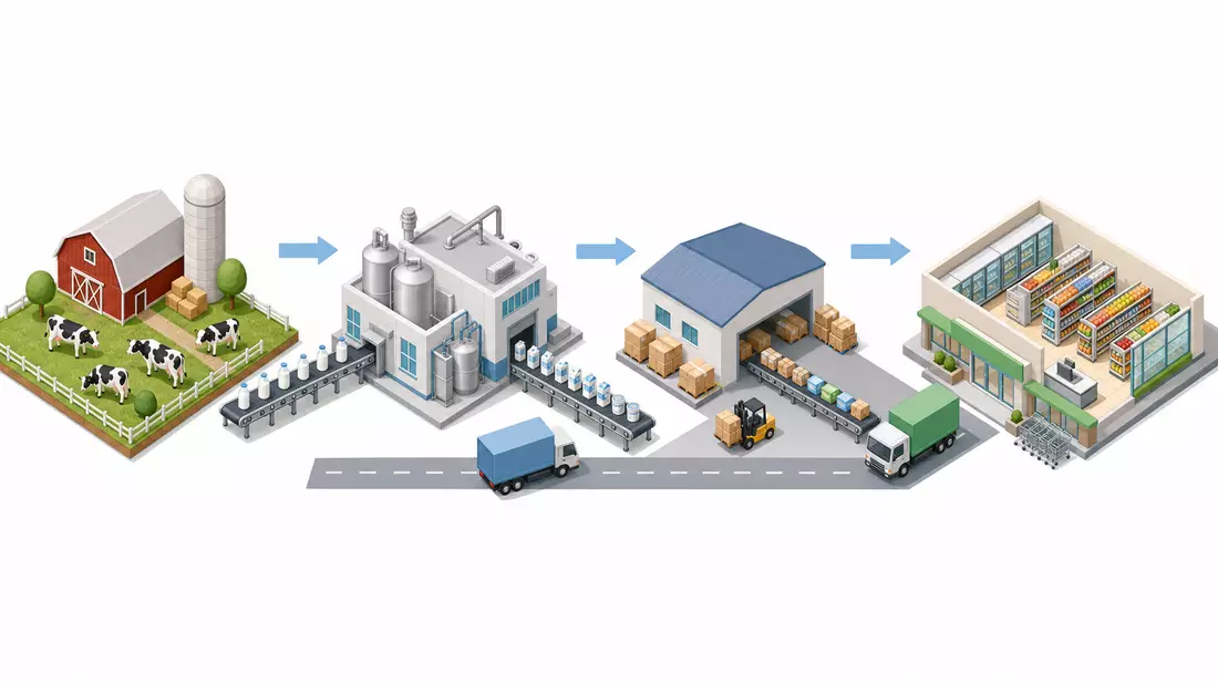 Isometrische 3D-Darstellung der Nahrungsmittel-Lieferkette von der Farm zum Supermarkt