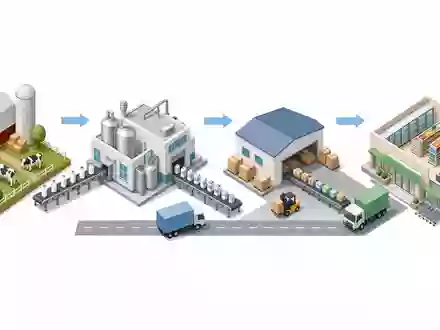 Isometrische 3D-Infografik der Wertschöpfungskette von Danone S.A. FR0000120644 von der Farm bis zum Supermarkt - Foto: THN