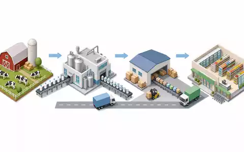 Isometrische 3D-Infografik der Wertschöpfungskette von Danone S.A. FR0000120644 von der Farm bis zum Supermarkt - Foto: THN