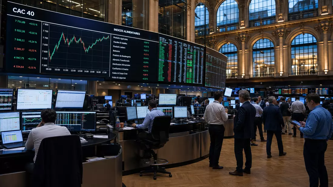 Redaktionsfoto des Euronext-Paris-Handelssaals mit CAC-40-Kursanzeigen und Tradern