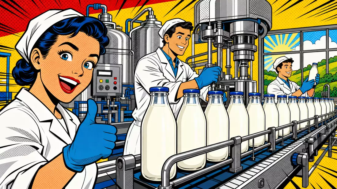 Pop-Art-Comic einer Milchfabrik mit Fließband, fröhlichen Arbeitern und Halbtonpunkten