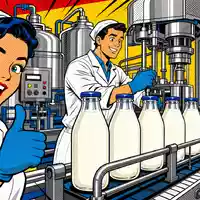 Pop-Art-Comic illustriert die Milchproduktion von Danone S.A. FR0000120644 mit bunten fröhlichen Fabrikarbeitern - Foto: THN