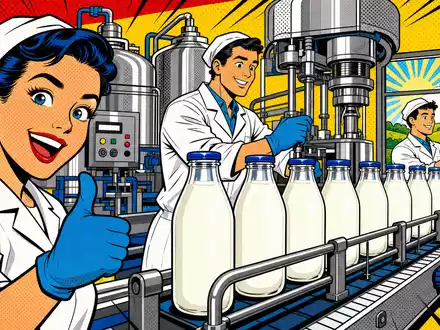 Pop-Art-Comic illustriert die Milchproduktion von Danone S.A. FR0000120644 mit bunten fröhlichen Fabrikarbeitern - Foto: THN