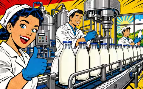 Pop-Art-Comic illustriert die Milchproduktion von Danone S.A. FR0000120644 mit bunten fröhlichen Fabrikarbeitern - Foto: THN