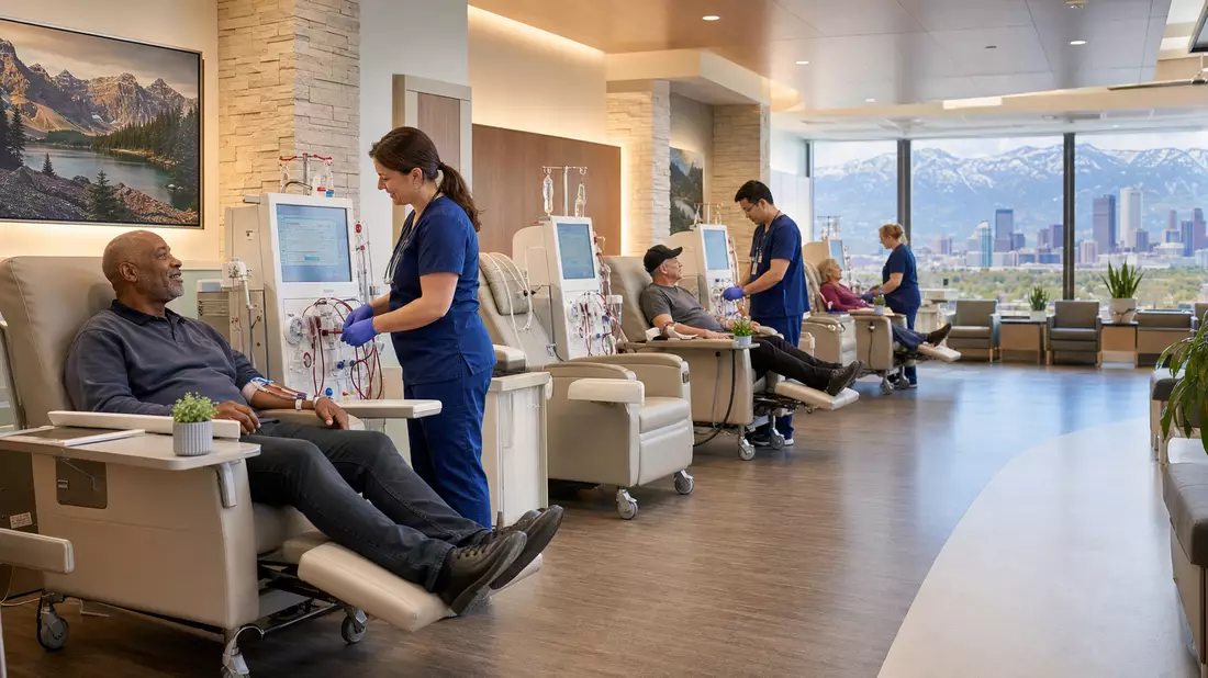 Modernes Dialysezentrum mit Pflegepersonal und Patienten in heller Klinikumgebung