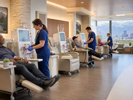 DaVita Inc. Dialysezentrum mit modernen Behandlungsstühlen und medizinischem Pflegepersonal in Denver, ISIN US23918K1088 - Foto: THN