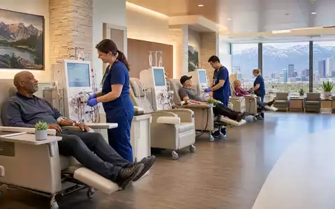 DaVita Inc. Dialysezentrum mit modernen Behandlungsstühlen und medizinischem Pflegepersonal in Denver, ISIN US23918K1088 - Foto: THN
