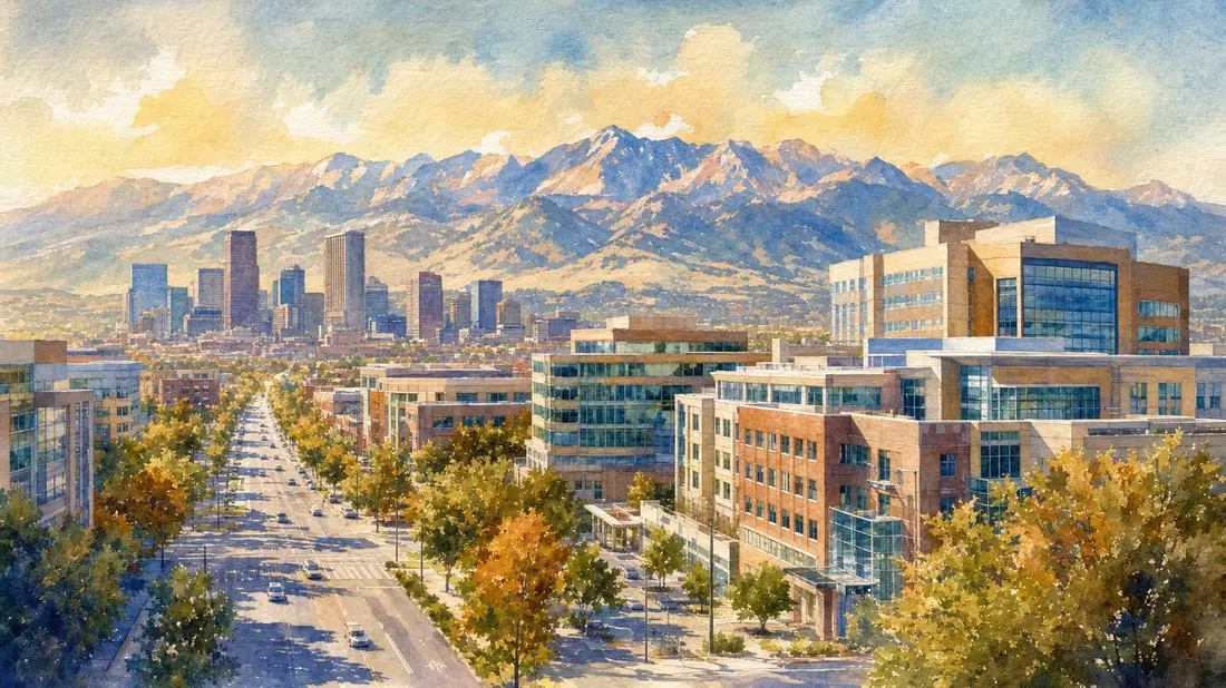 Aquarellmalerei der Denver-Stadtlandschaft mit Rocky Mountains im Hintergrund
