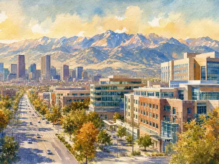 Aquarell der Denver Skyline mit Rocky Mountains als Standort von DaVita Inc., ISIN US23918K1088 - Foto: THN
