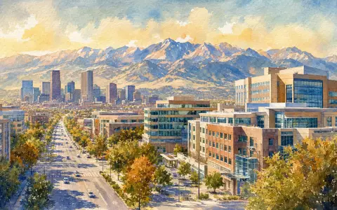 Aquarell der Denver Skyline mit Rocky Mountains als Standort von DaVita Inc., ISIN US23918K1088 - Foto: THN