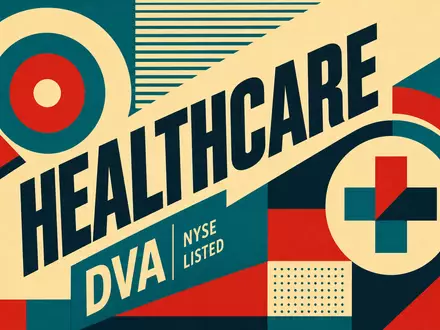 Geometrisches Bauhaus-Poster mit HEALTHCARE-Schriftzug, NYSE-Kürzel DVA und medizinischem Kreuz für DaVita Inc. US23918K1088 - Foto: THN