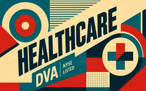 Geometrisches Bauhaus-Poster mit HEALTHCARE-Schriftzug, NYSE-Kürzel DVA und medizinischem Kreuz für DaVita Inc. US23918K1088 - Foto: THN