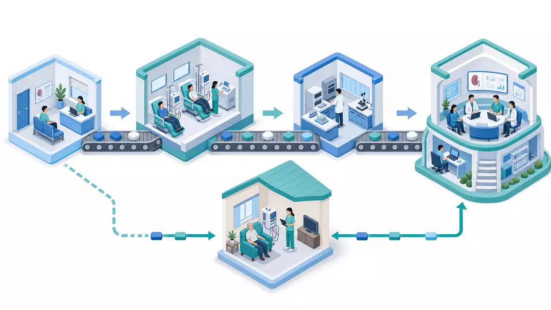 Isometrische 3D-Darstellung von Dialyseklinik, Labor, Heimversorgung und integrierter Patientenpflege