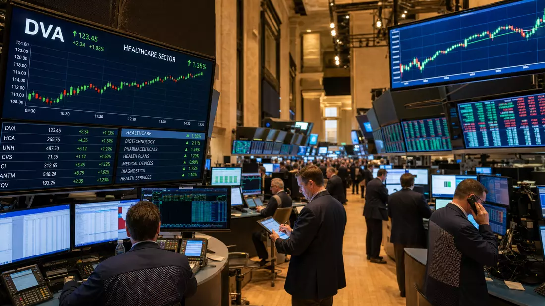 NYSE Trading Floor mit Händlern, digitalen Kursanzeigetafeln und Healthcare-Sektorcharts