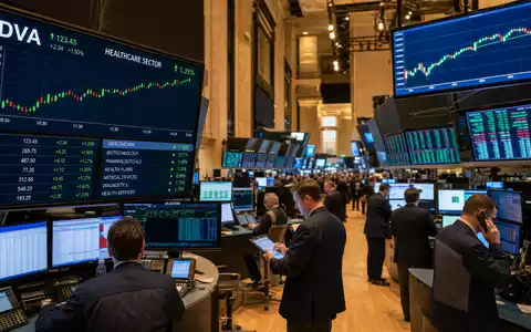 NYSE-Handelsparkett mit Healthcare-Sektorcharts, DVA-Ticker und aktiven Händlern im Börsen-Editorial zu DaVita Inc. US23918K1088 - Foto: THN
