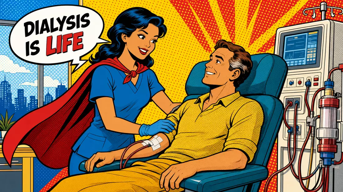 Pop-Art-Comic mit Pflegeheld in blauer Uniform und Patient im Dialysestuhl vor Ben-Day-Hintergrund
