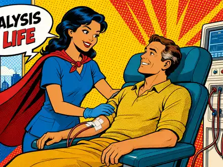 Pop-Art-Comicszene mit Dialyse-Pflegeheld beim Behandeln eines lächelnden Patienten für DaVita Inc. US23918K1088 - Foto: THN