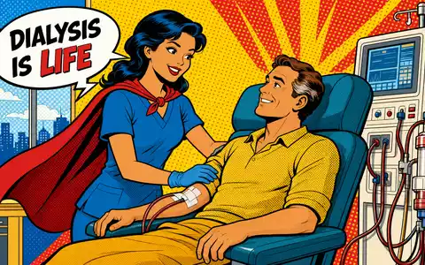 Pop-Art-Comicszene mit Dialyse-Pflegeheld beim Behandeln eines lächelnden Patienten für DaVita Inc. US23918K1088 - Foto: THN