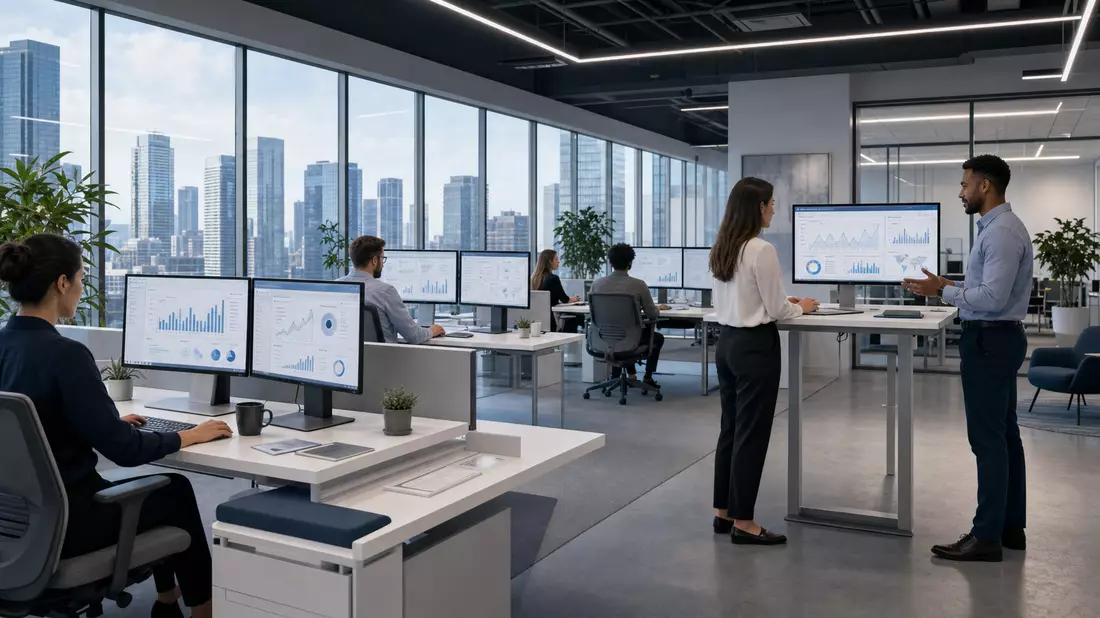 Offenes HR-Technologiebüro mit Analysedashboards und Stadtblick