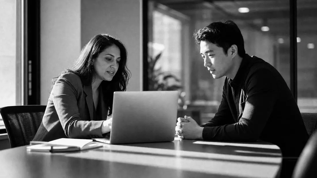 Schwarz-weiß Reportage: HR-Manager und Mitarbeiter im Gespräch am Laptop