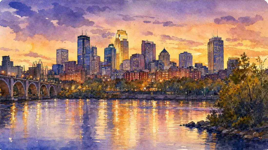 Aquarellbild der Minneapolis Skyline mit Flussreflexion bei Sonnenuntergang