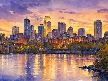 Dayforce Inc. Aquarell Illustration der Minneapolis Skyline bei Sonnenuntergang am Fluss ISIN US23920P1093 - Foto: THN