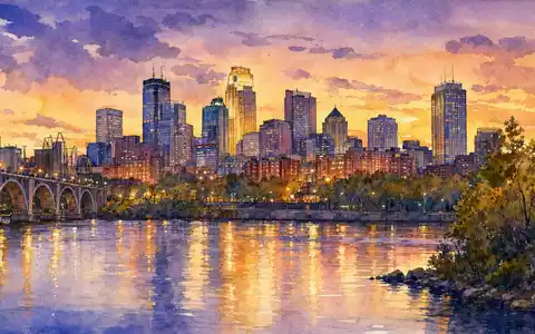 Dayforce Inc. Aquarell Illustration der Minneapolis Skyline bei Sonnenuntergang am Fluss ISIN US23920P1093 - Foto: THN
