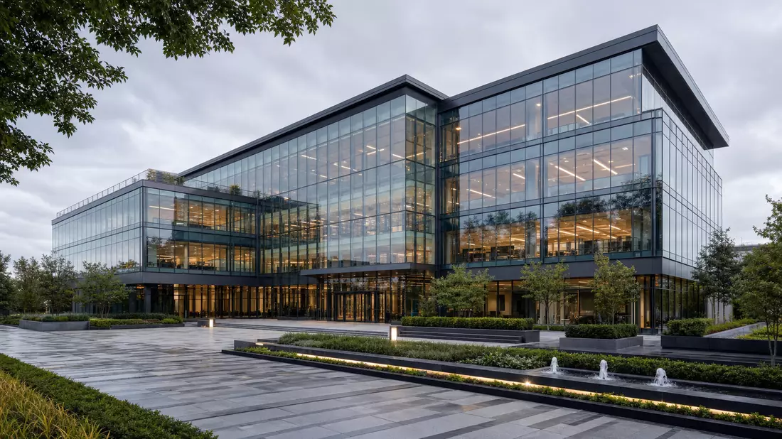 Architekturvisualisierung eines modernen Glasgebäudes mit Außenanlage