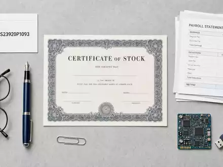 Dayforce Inc. Flatlay mit Aktienzertifikat ISIN Karte US23920P1093 Payroll Dokumenten und Büro Utensilien - Foto: THN