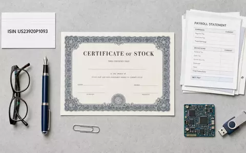 Dayforce Inc. Flatlay mit Aktienzertifikat ISIN Karte US23920P1093 Payroll Dokumenten und Büro Utensilien - Foto: THN
