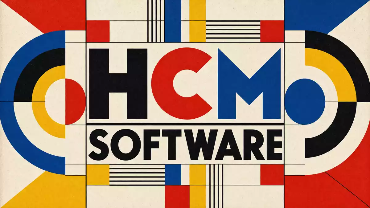 Bauhaus-Grafikdesign in Primärfarben mit HCM SOFTWARE Schriftzug