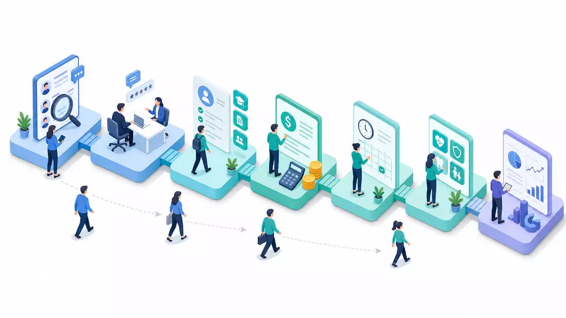 Isometrische 3D-Illustration des HCM-Prozessablaufs mit verbundenen Modulen