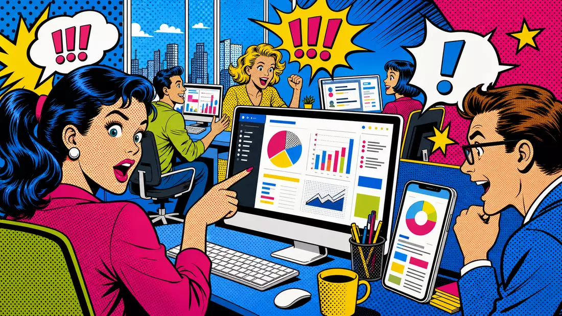 Bunter Pop-Art-Comic von Büromitarbeitern an Computern mit Analyse-Dashboards