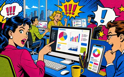 Dayforce Inc. Pop Art Comic zeigt begeisterte Büro Mitarbeiter an HR Software Dashboards ISIN US23920P1093 - Foto: THN