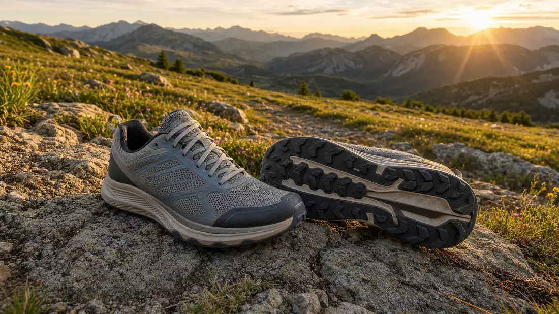 Fotorealistisches Bergpanorama mit Outdoor-Trailrunning-Schuhen auf Fels