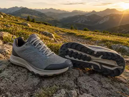 Deckers Outdoor Corp. Trailrunning-Schuhe auf Felsgestein mit goldenem Bergpanorama beim Sonnenuntergang US2441991054 - Foto: THN