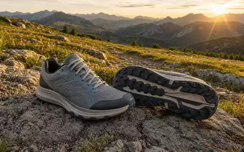 Deckers Outdoor Corp. Trailrunning-Schuhe auf Felsgestein mit goldenem Bergpanorama beim Sonnenuntergang US2441991054 - Foto: THN