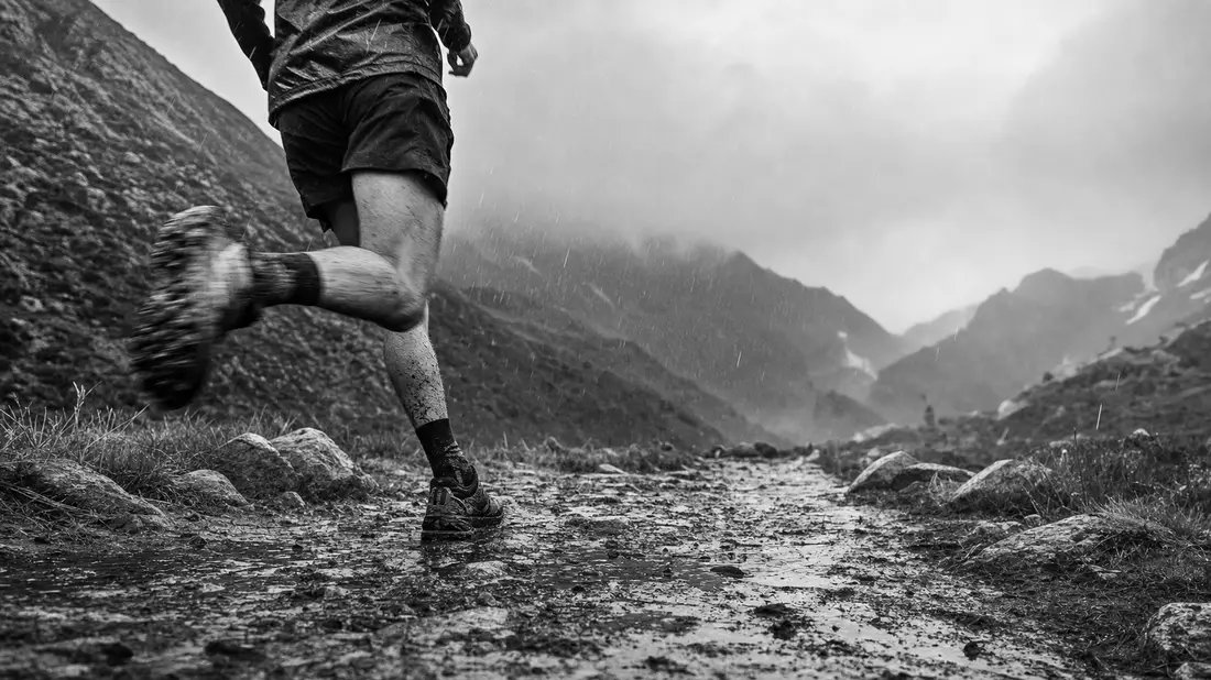 Schwarzweiß-Reportagefoto eines Trailläufers im Regen auf Bergpfad