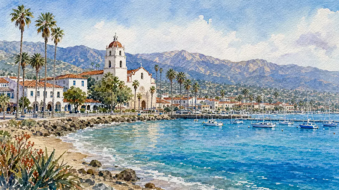 Aquarellmalerei der Küstenstadt Santa Barbara Goleta mit Hafen und Bergen