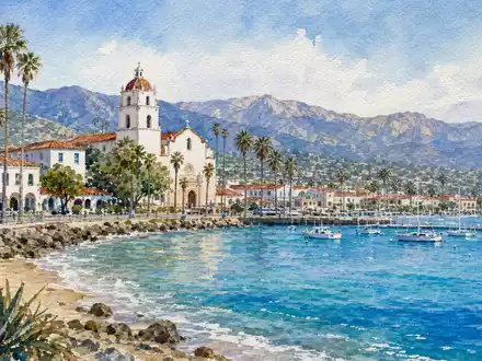 Deckers Outdoor Corp. Firmenstandort Goleta Küstenstadt Aquarellmalerei mit Hafen und Segelbooten US2441991054 - Foto: THN