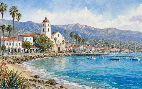 Deckers Outdoor Corp. Firmenstandort Goleta Küstenstadt Aquarellmalerei mit Hafen und Segelbooten US2441991054 - Foto: THN