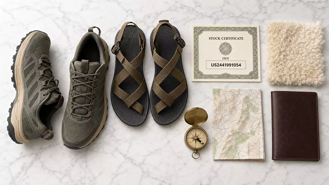 Draufsicht Schuh-Flatlay mit Aktienzertifikat ISIN US2441991054 auf Marmor