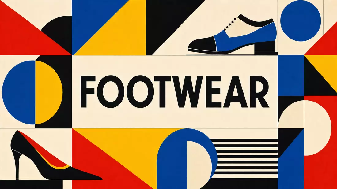 Bauhaus-Poster mit FOOTWEAR-Schriftzug in Primärfarben geometrischen Formen
