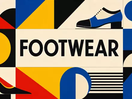 Deckers Outdoor Corp. geometrisches Bauhaus-Poster mit großem FOOTWEAR-Schriftzug in kräftigen Primärfarben US2441991054 - Foto: THN
